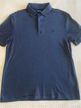 Nautica Men’s Large Navy Blue Striped Short Sleeve Polo Shirt Business Casual